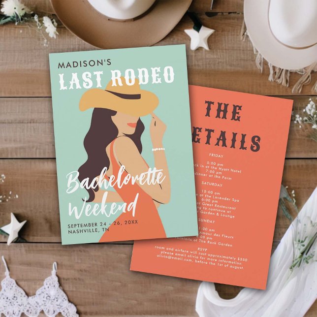Invitación Retro Elegante Último Rodeo Bachelorette Verde Ros (last rodeo bachelorette weekend invitation itinerary retro vintage elegant glam pink green pearls)