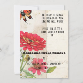 Invitación Retro Ephemera Zinnia y Ladybug Brigada Ducha