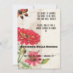 Invitación Retro Ephemera Zinnia y Ladybug Brigada Ducha