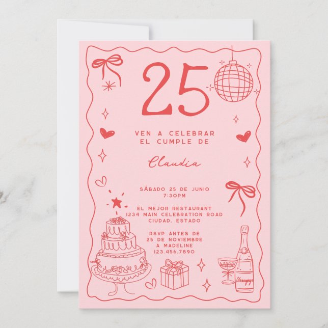 Invitación Retro español Quirky Rosa Rojo 25 cumpleaños (Anverso)