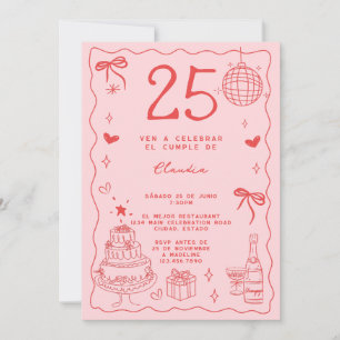 Invitación Retro español Quirky Rosa Rojo 25 cumpleaños