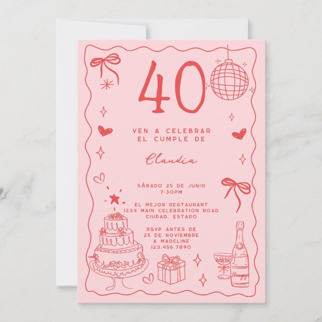 Invitación Retro español Quirky Rosa Rojo 40 cumpleaños (Anverso)