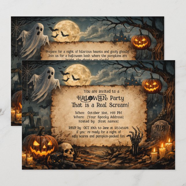 Invitación Retro Espeluznante Noche  (Anverso / Reverso)