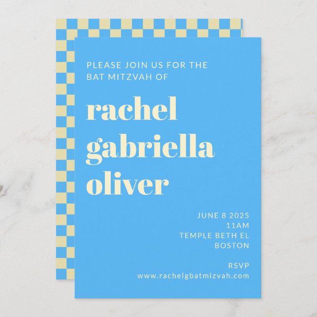 Invitación Retro Estética Checkerboard Blue Bat Bar Mitzvah (Anverso / Reverso)