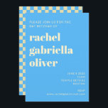Invitación Retro Estética Checkerboard Blue Bat Bar Mitzvah<br><div class="desc">Patrón de tablero de ajedrez estético retro Invitación a Mitzvah de murciélago azul y blanco o barra</div>