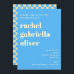 Invitación Retro Estética Checkerboard Blue Bat Bar Mitzvah<br><div class="desc">Patrón de tablero de ajedrez estético retro Invitación a Mitzvah de murciélago azul y blanco o barra</div>