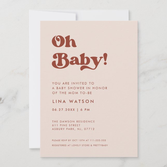 Invitación Retro estiloso Peach Pink Oh Baby (Anverso)