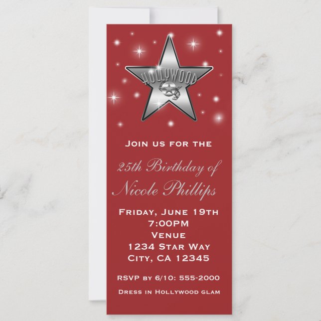 Invitación Retro Estrella de Hollywood Roja y Plat (Anverso)