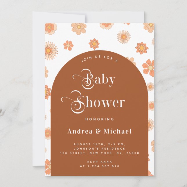 Invitación Retro Floral & Boho Terracotta Arch Baby Shower (Anverso)