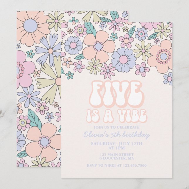 Invitación Retro Floral Five es una Vibra 5 cumpleaños (Anverso / Reverso)