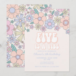 Invitación Retro Floral Five es una Vibra 5 cumpleaños