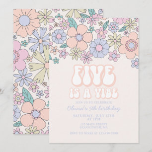 Invitación Retro Floral Five es una Vibra 5 cumpleaños