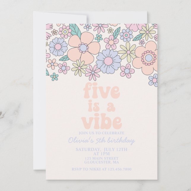 Invitación Retro Floral Five es una Vibra cumpleaños 5 (Anverso)