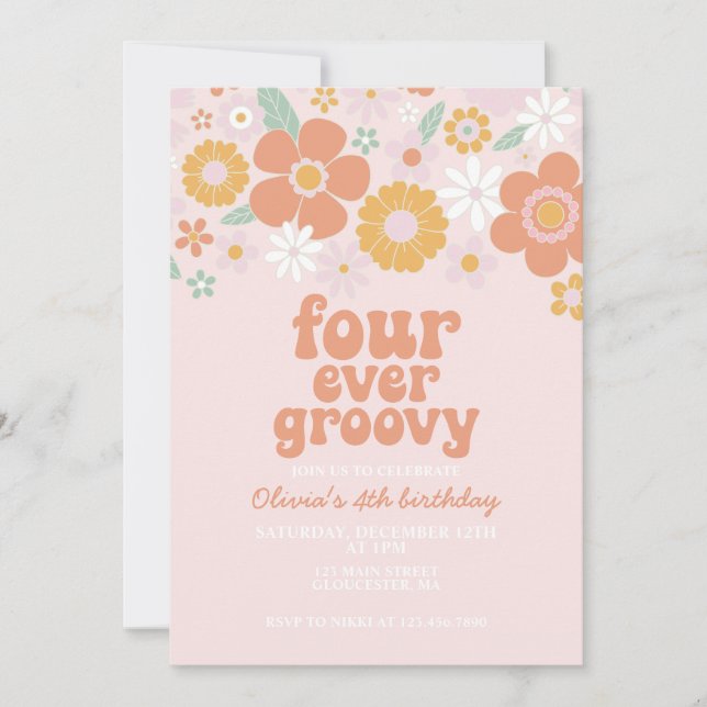 Invitación Retro Floral Four Ever Groovy cumpleaños 4 (Anverso)