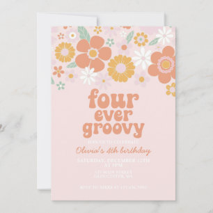Invitación Retro Floral Four Ever Groovy cumpleaños 4