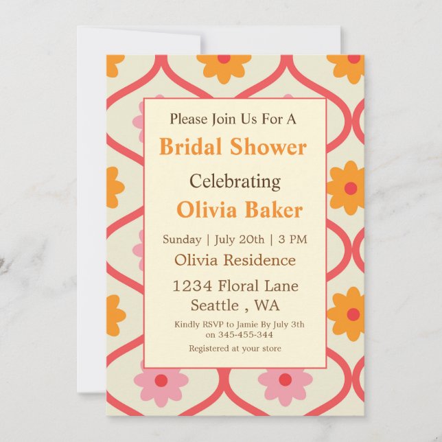 Invitación Retro Floral Ogee Mid-Century Modern Bridal Shower (Anverso)