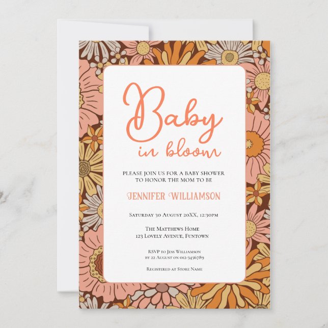 Invitación retro floral para baby shower (Anverso)