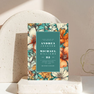 Invitación Retro Floral Vintage Boda Naranja Verde azulado Bo