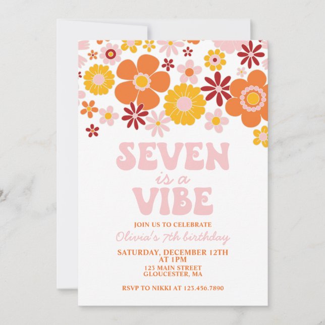 Invitación Retro Flower Seven es una Vibra Cumpleaños 7 (Anverso)