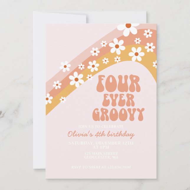Invitación Retro Four Ever Groovy daisy boho cuarto cumpleaño (Anverso)