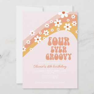 Invitación Retro Four Ever Groovy daisy boho cuarto cumpleaño