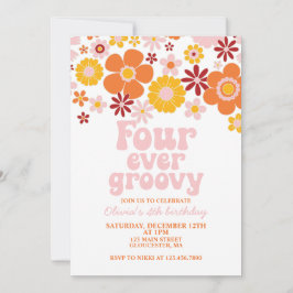 Invitación Retro Four Ever Groovy Floral 4º cumpleaños