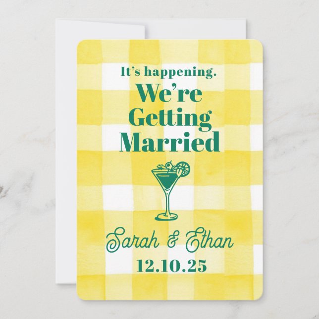 Invitación Retro Funky Stried Green Yellow Boda (Anverso)