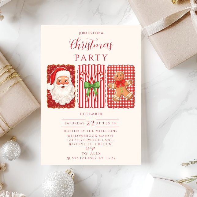 Invitación Retro Gingham Santa Pan de Jengibre Navidad (Subido por el creador)