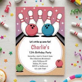 Invitación Retro Girls Pink Bowling Birthday Party 