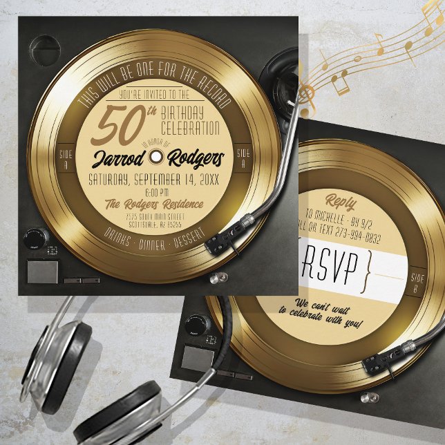 Invitación Retro Gold Black Vinyl Record Player 50th Birthday (Retro funny gold and black vinyl record player music theme vintage 50th birthday party invitation)