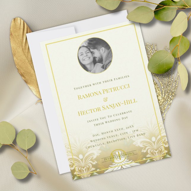 Invitación Retro Gold Green Damask 1 Photo Boda (Subido por el creador)