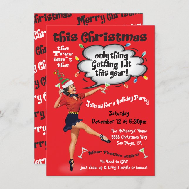 Invitación Retro Gracioso Consiguiendo Navidades Lit Fiesta C (Anverso / Reverso)