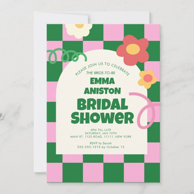 Invitación Retro Green Pink Checker Bridal Shower (Anverso)