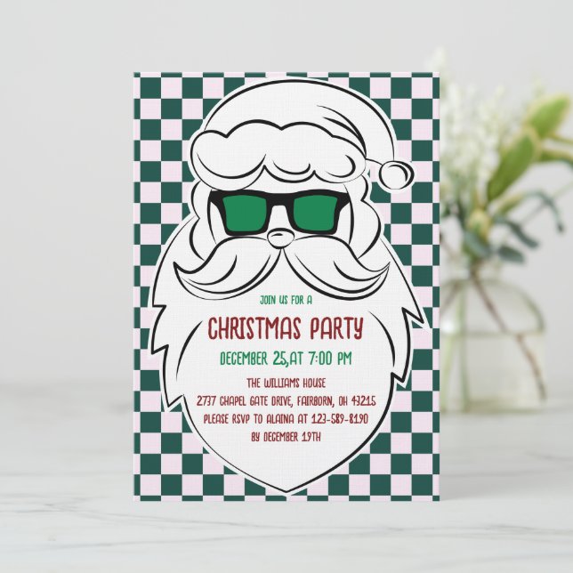 Invitación Retro Green Pink Checkered Santa Claus Christmas  (Anverso de pie)