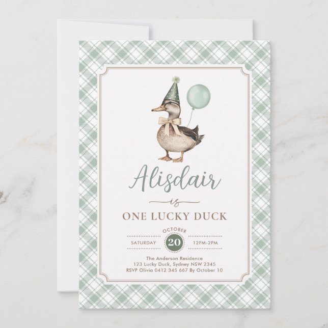 Invitación Retro Green Un Lucky Duck Balloon 1er cumpleaños (Anverso)