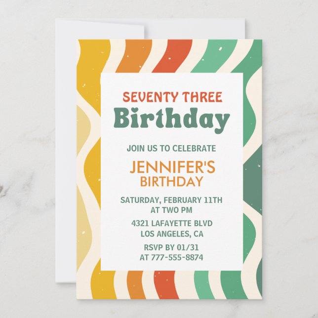 Invitación Retro Groovy 70 Cumpleaños ondulado 73 (Anverso)
