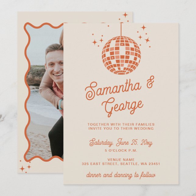 Invitación Retro Groovy 70 Ivory Naranja Photo Disco Boda (Anverso / Reverso)