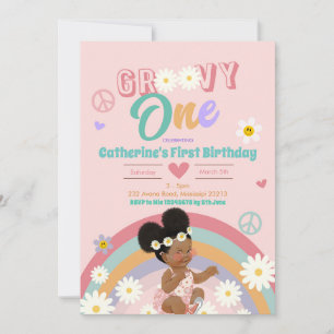 Invitación Retro Groovy Afro Chica Primer Cumpleaños