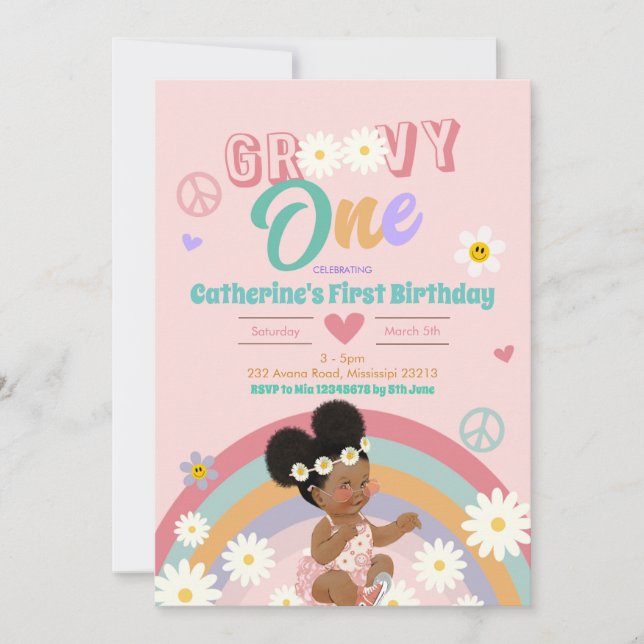 Invitación Retro Groovy Afro Chica Primer Cumpleaños (Anverso)