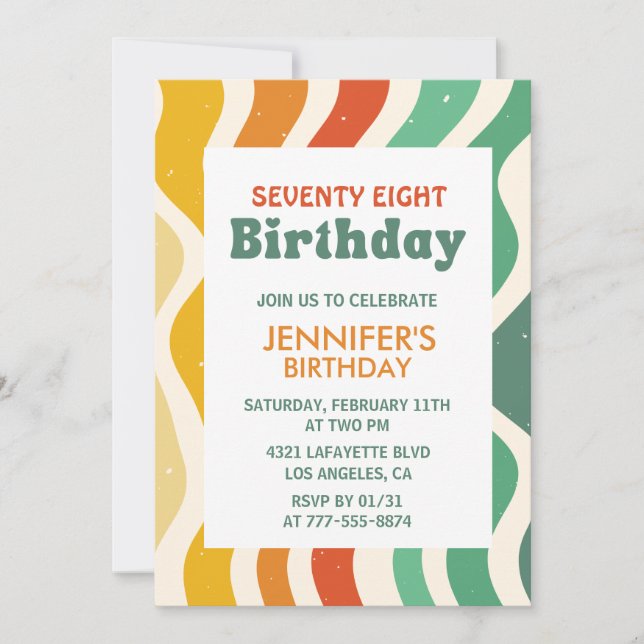 Invitación Retro Groovy años 70 Wavy cumpleaños 78 (Anverso)