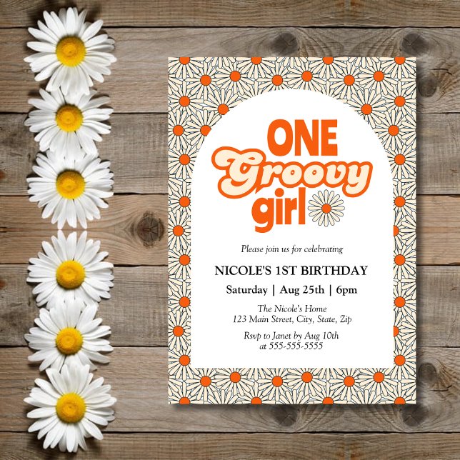 Invitación Retro Groovy Arch Naranja brillante Daisy 1er cump (Subido por el creador)