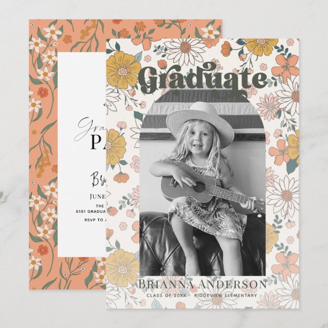 Invitación Retro Groovy Arco Floral Foto Niños Graduados (Anverso / Reverso)