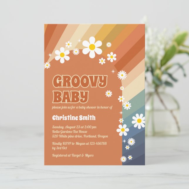 Invitación Retro Groovy Baby Daisy Rainbow Baby Shower (Anverso de pie)