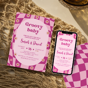 Invitación Retro Groovy Baby Girl Floral 70 baby Shower