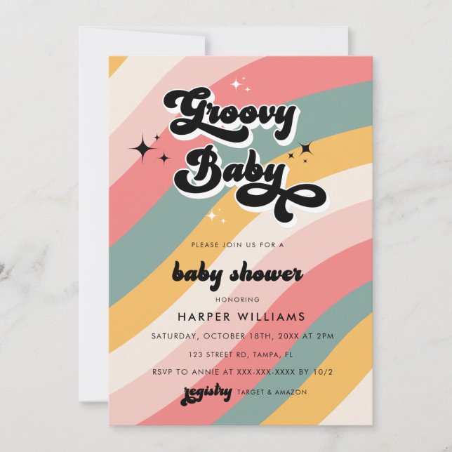 Invitación Retro Groovy Baby Shower (Anverso)
