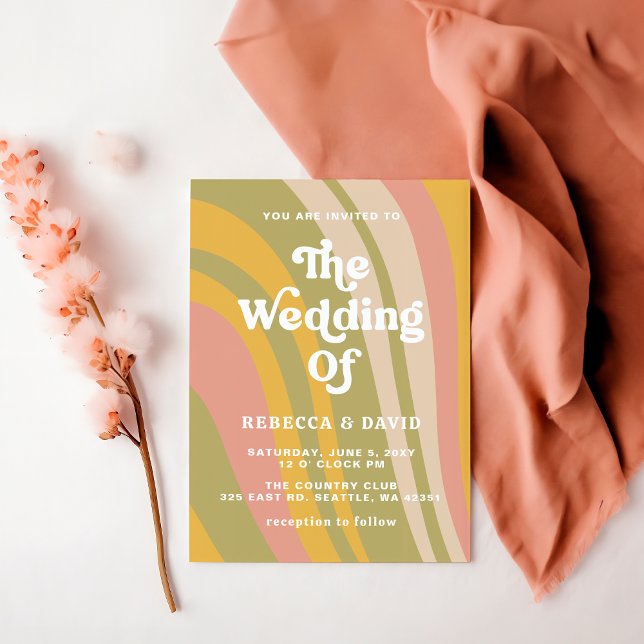 Invitación Retro Groovy Boda amarillo verde lindo de los años (Retro Groovy 70s Cute Pink Green Yellow Wedding Invitation)