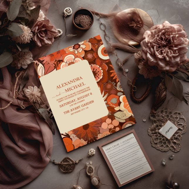 Invitación Retro Groovy Burbuja naranja boda floral (Subido por el creador)