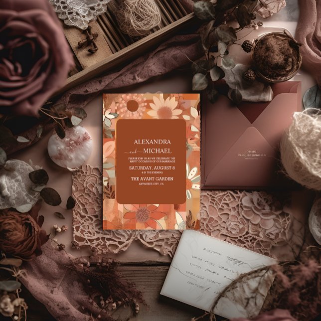 Invitación Retro Groovy Burbuja naranja boda floral (Subido por el creador)