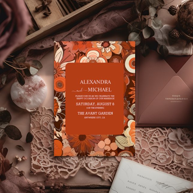 Invitación Retro Groovy Burbuja naranja boda floral (Subido por el creador)