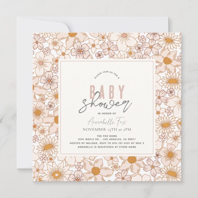 Invitación Retro Groovy Chica Floral Rosa Baby Shower (Anverso)